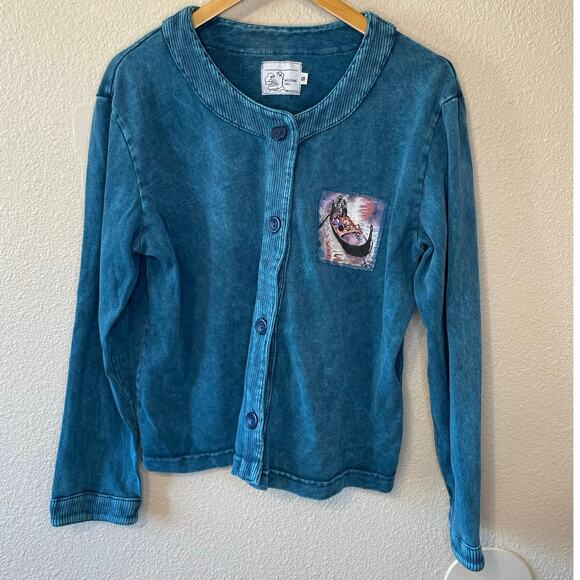 Michael Leu Washed Blue Button Front Cotton Cardigan W/ Painted Style Graphic Sm - Picture 10 of 11